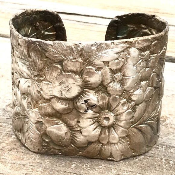 Antique Sterling Silver Bracelet Art Nouveau Floral Cuff 925 Gorham Victorian - Picture 2 of 8